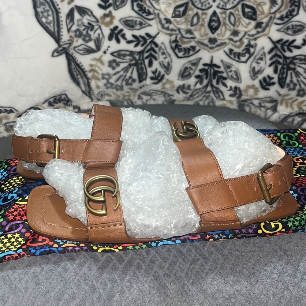 RARE SET Gucci Marmont Tan Leather Flat Sandals Size 39 / US 9 + Rainbow Dustbag - Picture 15 of 15